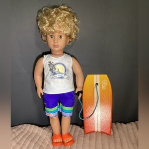 Rare Our Generation Surfer Gabe 18inch Blonde Hair Blue Eyes Doll With surfboard